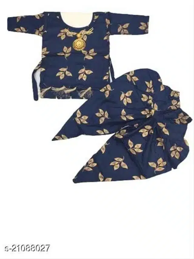 Rayon Half Sleeves Top & Bottom Clothing Set for Girls (Navy Blue & Gold, 12-18 Months)