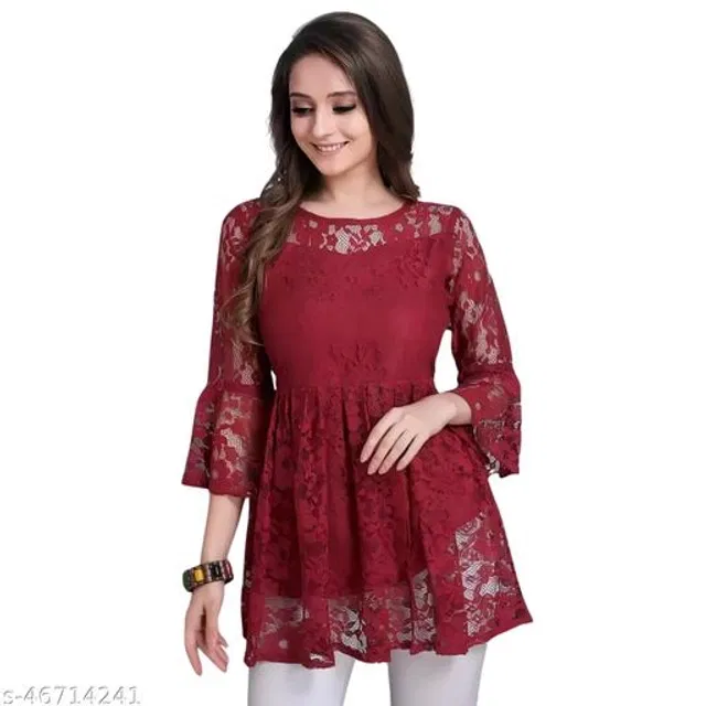 Three-Quarter Sleeves Top for Women (Maroon, M)