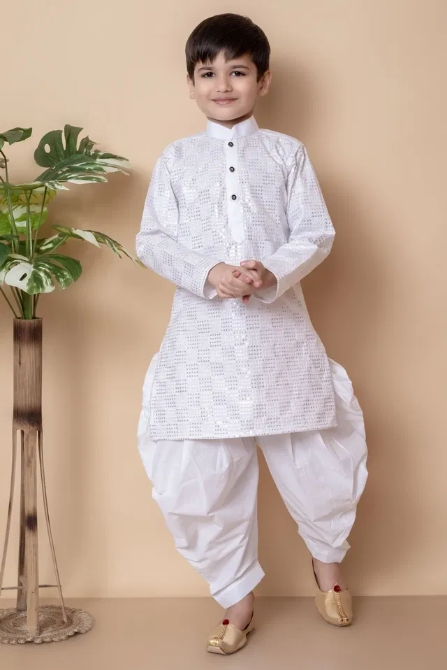 Cotton Embellished Kurta with Dhoti for Boys, White (9-10 Years)