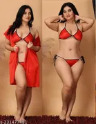 Satin Solid Babydoll Lingerie Set for Women (Red, L)