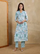 Cotton Blend Floral Print Kurta with Pant for Women (Sky Blue, S)