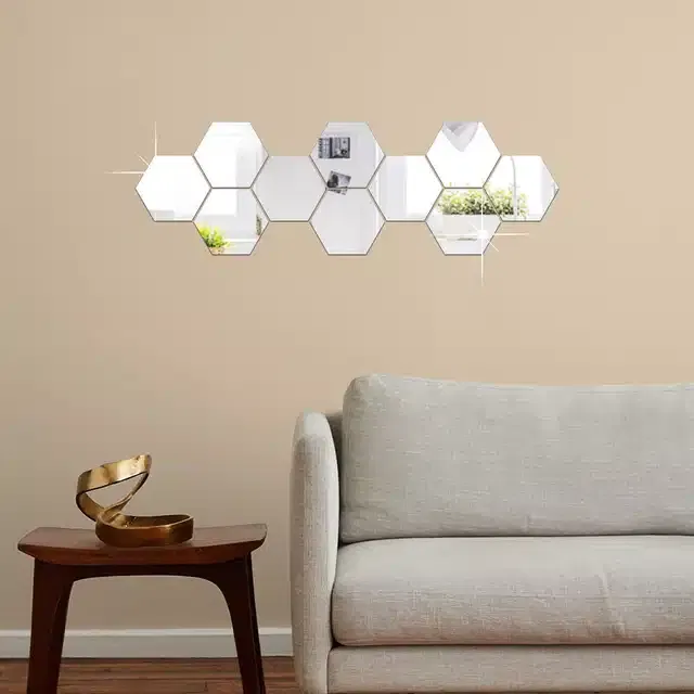 Acrylic Hexagon Shaped Wall Mirror Stickers (Silver, Pack of 10)