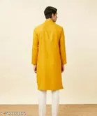 Cotton Solid Kurta Set for Men, White & Yellow 