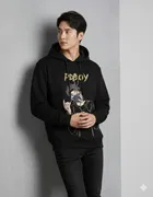 Fleece Printed Hoodie for Men, Black 