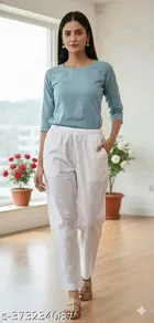 Cotton  Solid Pant for Women, White 