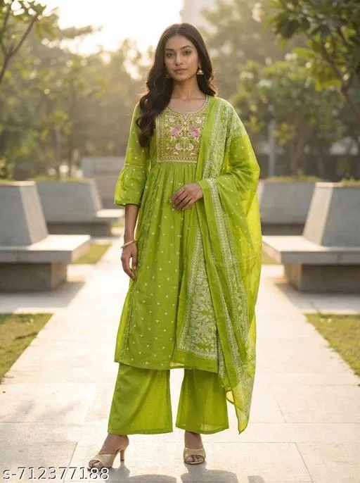 Embroidered Acrylic A-line Kurta Set for Women (Beige, XL)