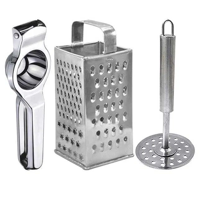 Oc9 Stainless Steel Lemon Squeezer & 4 in 1 Grater Or Slicer & Potato Masher Kitchen Tool Set (O-73)