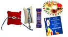 Combo of Metal 2 Pcs Rakhi, 4.5 inch Plate, Chocolate, Greeting Card & Roli Chawal 