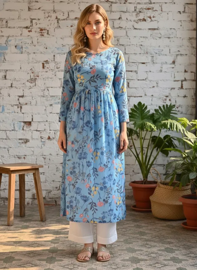 Floral Print Naira Kurti for Women (Blue, XL)