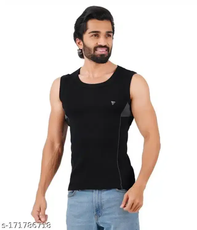 Combed Cotton Gym Vest for Men (Black, L)