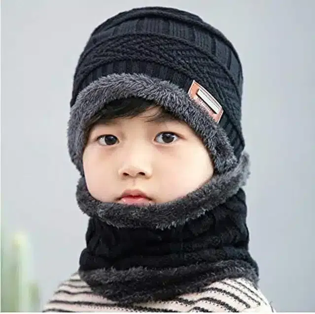 Winter Cap with Neck Warmer for Boys (Black, 7-14 Years) (Set of 1)