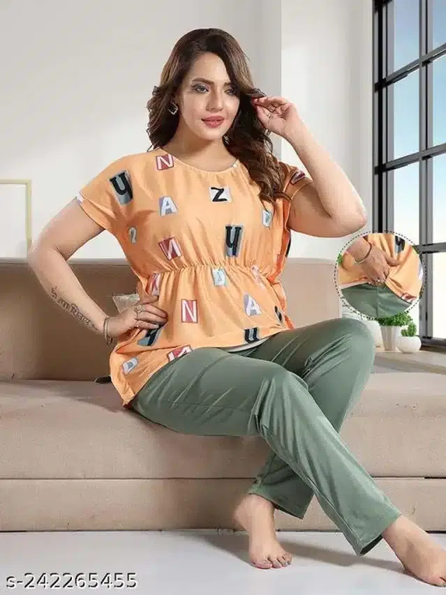Satin Nightsuit for Women (Orange & Mint Green, L)