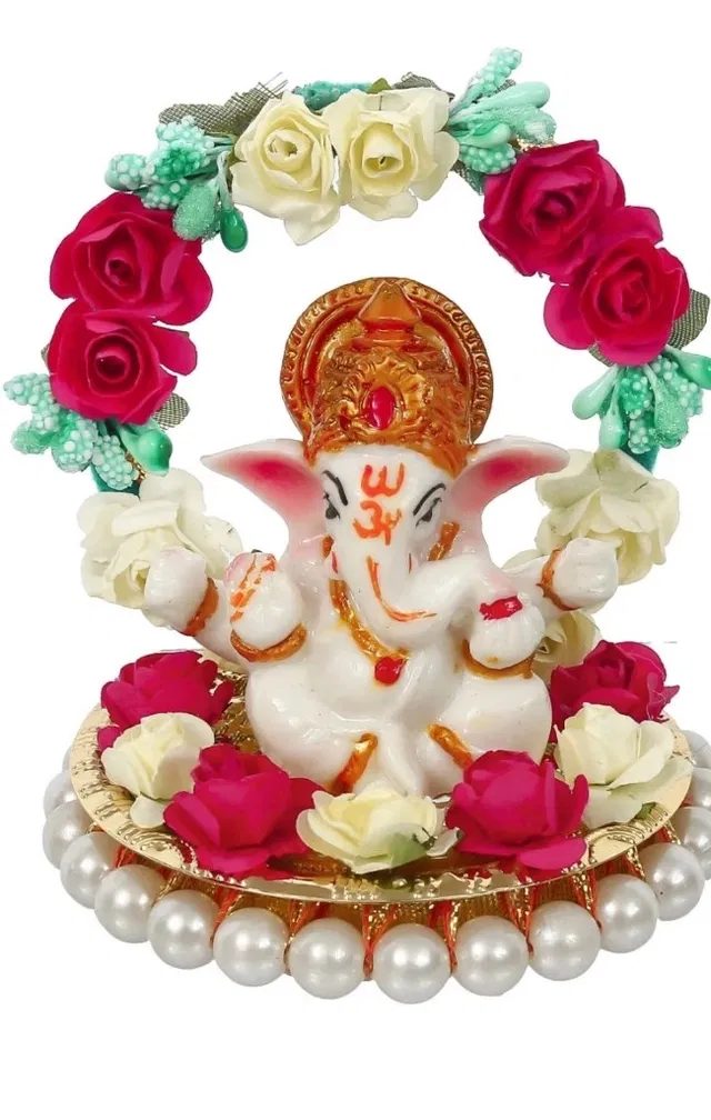 Metal Decorative Ganpati Haldi Kumkum Stand with 2 Roli Chawal Holder, Multicolor