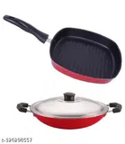 Aluminium Non Stick Grill Pan & Appachety with Lid (Multicolor, Set of 2)