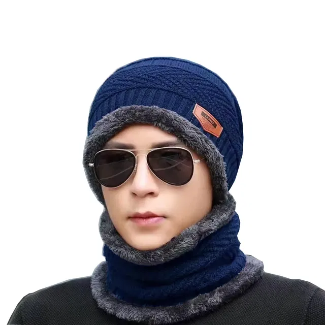 Woolen Cap with Neck Warmer for Men & Women (Blue, Set of 1)