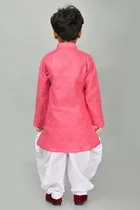 Cotton Blend Embroidery Kurta with Dhoti for Boys, Pink & White 