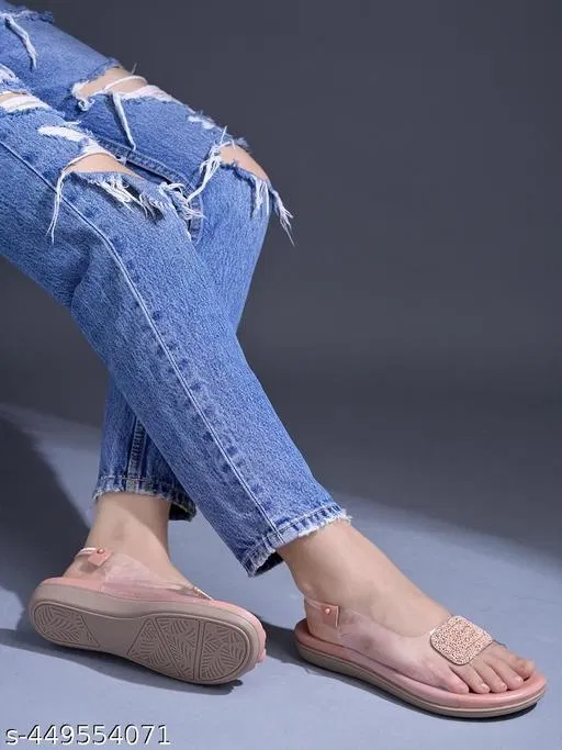 Shoetopia Peach Embellished Flat Sandals (IND-6)