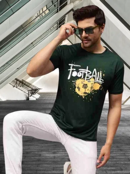 Cotton Round Neck Printed T-Shirt for Men (Bottle Green, L)