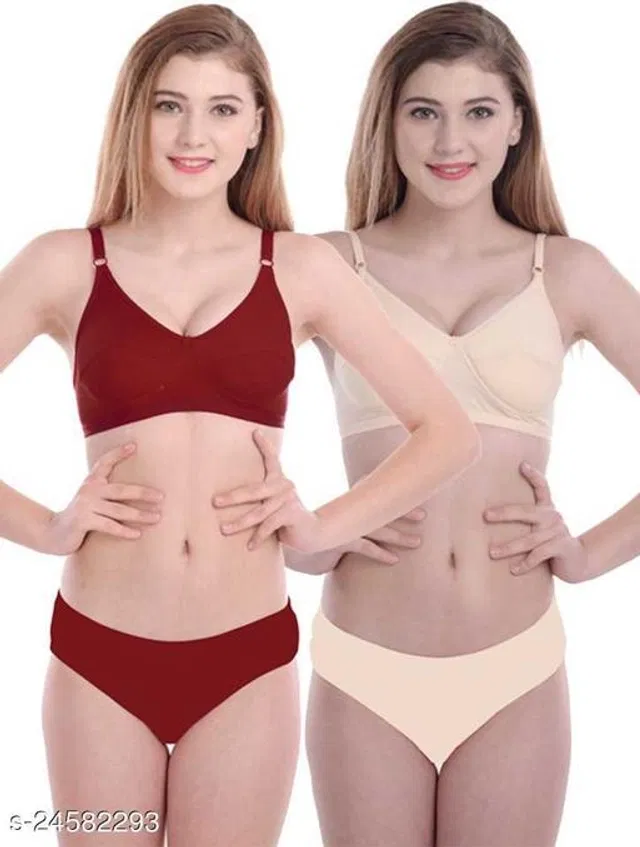 Cotton Blend Solid Lingerie Set for Women (Multicolor, 30A) (Pack of 2)