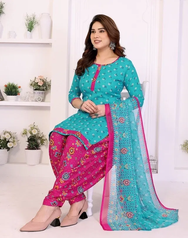 Crepe Floral Punjabi Suits for Women (Blue, Blue)