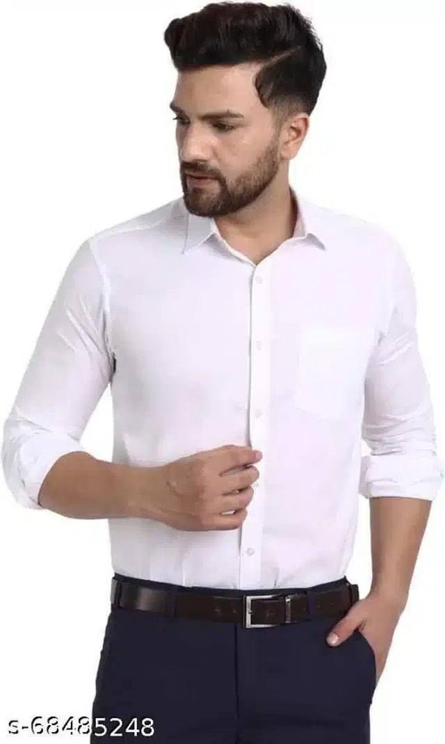 Cotton Blend Solid Full Sleeves Shirt for Men (White, L)