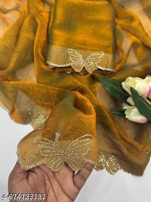 Twill Net Embroidered Saree For Women, Gold