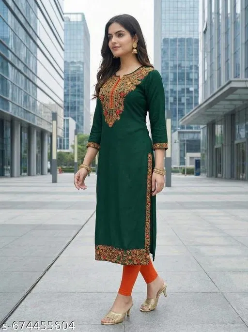 Solid Embroidered Acrylic Kurti for Women (Green, XXL)