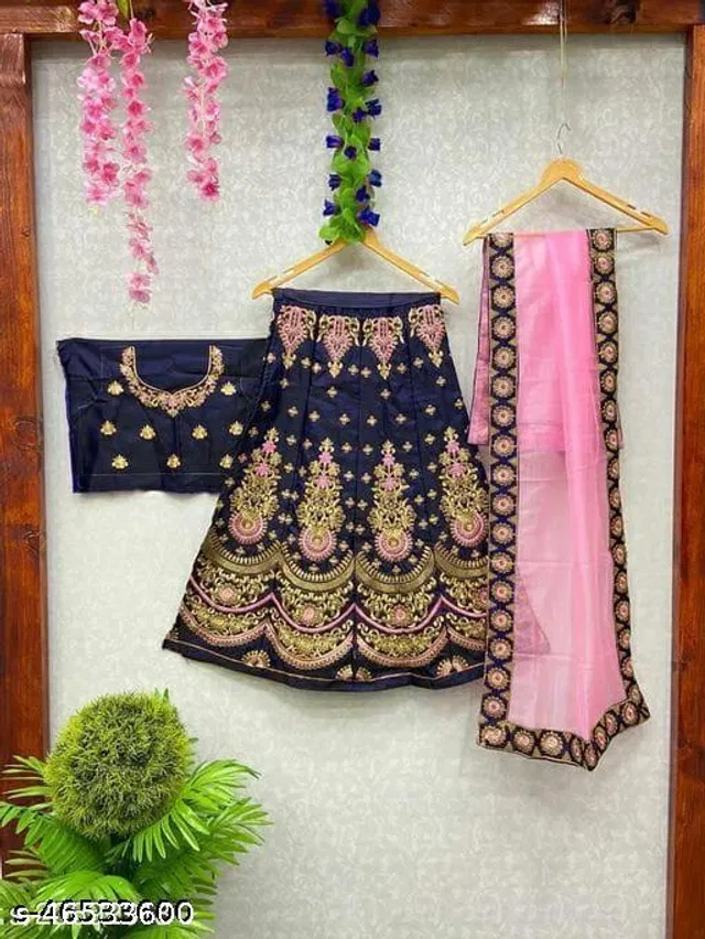 Satin Embroidered Lehenga with Choli & Dupatta for Girls (Blue & Pink, 3-4 Years)