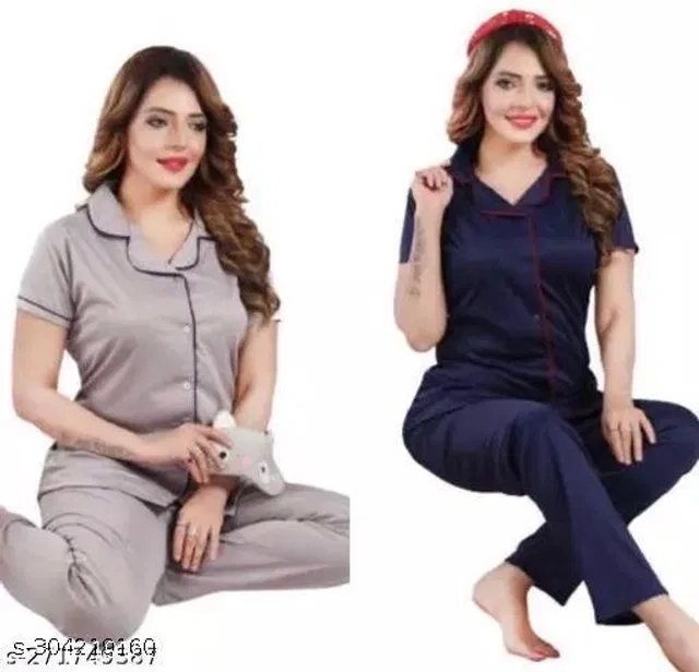 Satin Nightsuit for Women (Grey & Navy Blue, L) (Pack of 2)