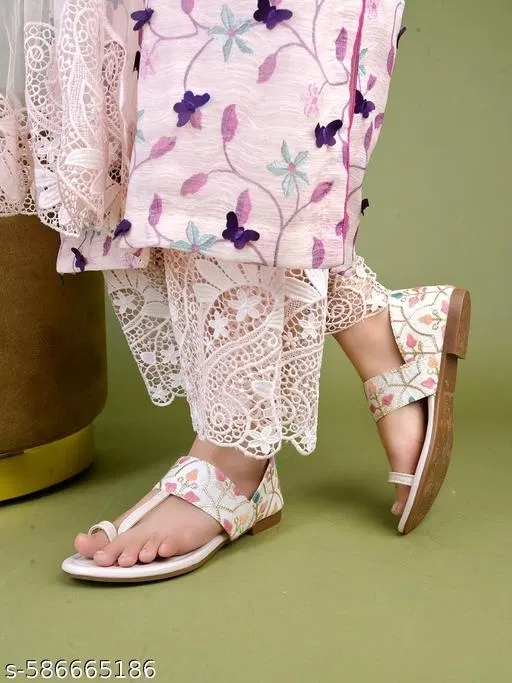 Shoetopia Cream Solid Flat Sandals (Size IND-5)
