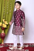 Dupion Silk Printed Kurta with Payjama for Boys, Wine & White 