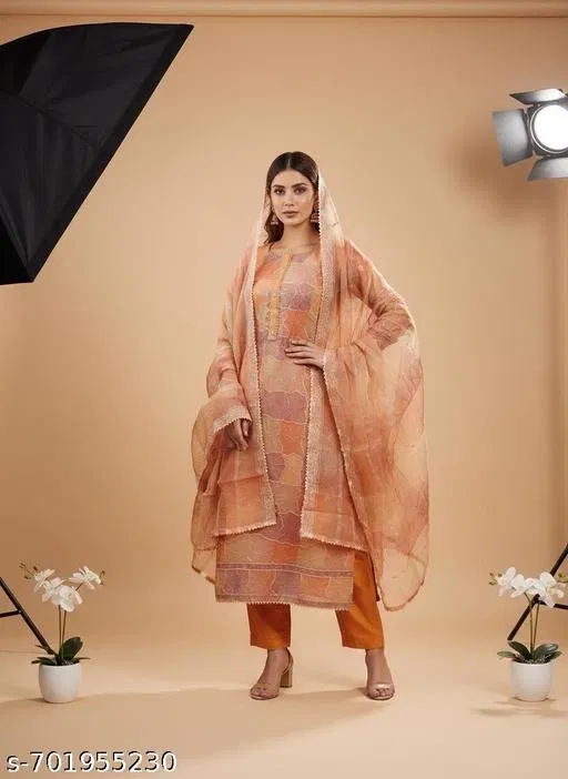 Bandhani Printed Jaipuri Designs Embroidered Top Bottom Duppata for Women (Orange, Un Stitched)