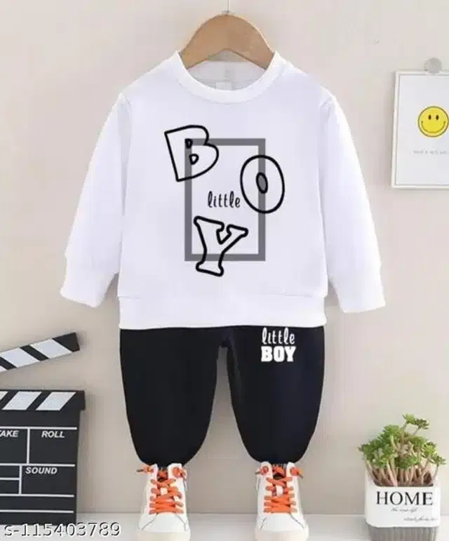 Hosiery Cotton Full Sleeves T-Shirt with Pant Clothing Set for Kids (White & Black, 1-2 Years)
