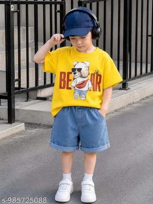 Bear Printed Cotton T-Shirt & Denim Shorts Set for Boys (Yellow, 1-2 Years)