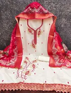 Cotton Silk Embellished Unstitched Suits Fabric for Women, White & Red