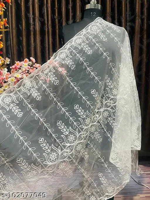 Embroidered Net Dupatta for Women (White, Free Size)