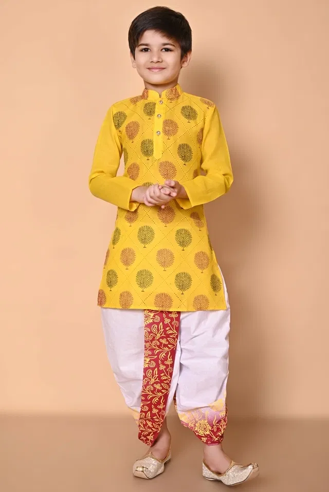 Cotton Printed Kurta with Dhoti for Boys, Yellow & White (9-10 Years)
