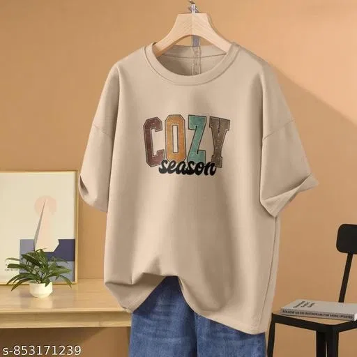 Cotton Blend Printed T-shirt for Women, Beige (M)