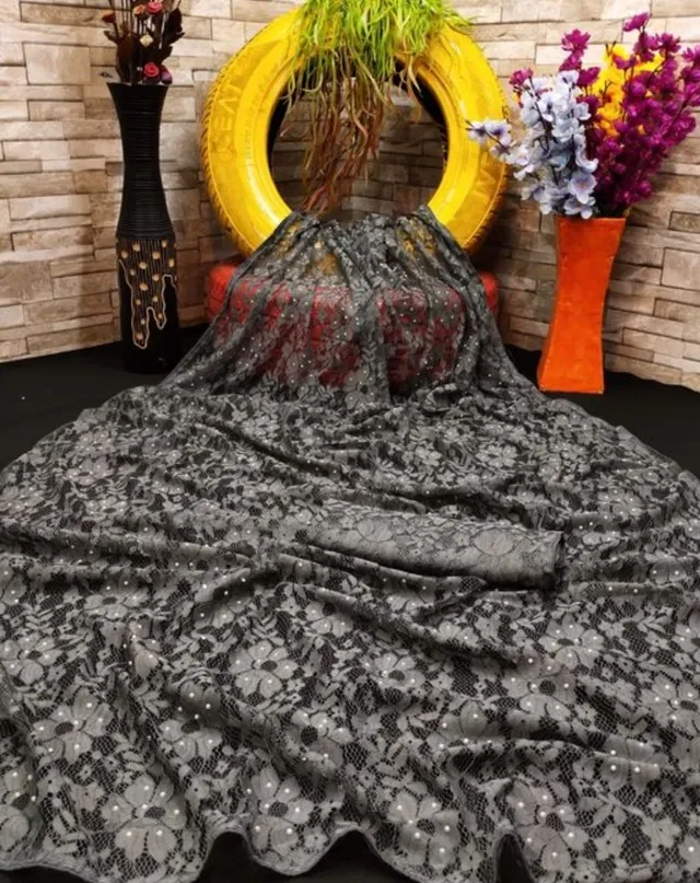 Net Solid Saree for Women (Grey, 6.3 m)