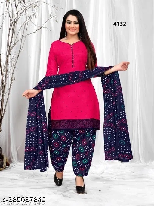 Cotton Blend Printed Salwar Suit for Women (Navy Blue, XXXL)