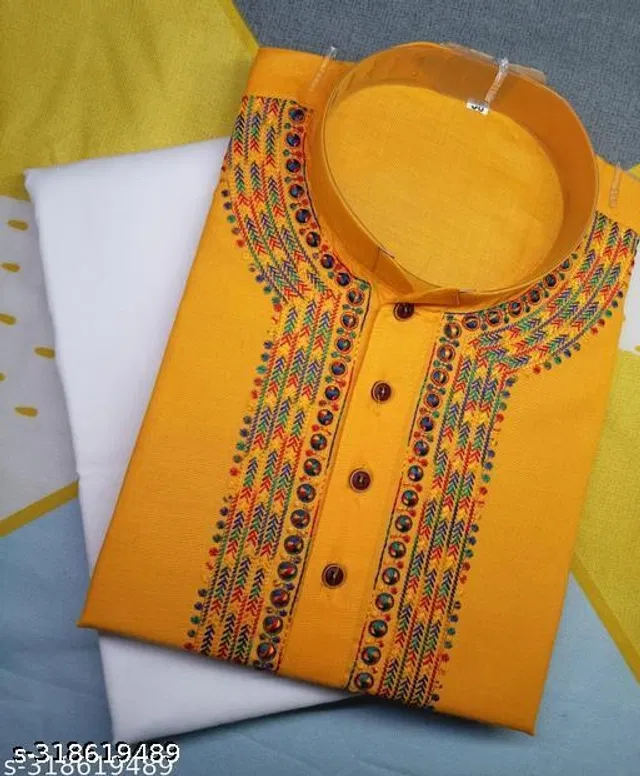 Cotton Embroidered Kurta with Pyjama for Men (Yellow & White, L)