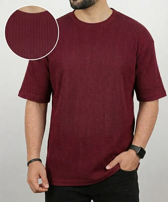 Polyester Round Neck T-shirt for Men, Maroon (L)