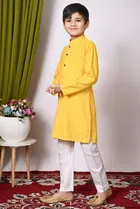 Rayon Cotton Embellished Kurta with Payjama for Boys, Yellow & White 