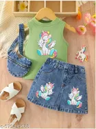 Hosiery Cotton & Denim Printed Clothing Set for Kids, Green & Blue 