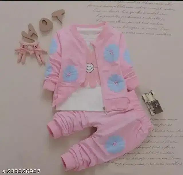 Crepe Full Sleeves Top & Bottom Clothing Set for Girls (Pink, 1-2 Years)