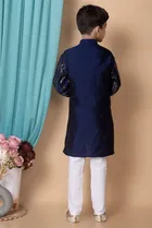 Dupion Silk Embellished Kurta with Payjama for Boys, Navy Blue & White 