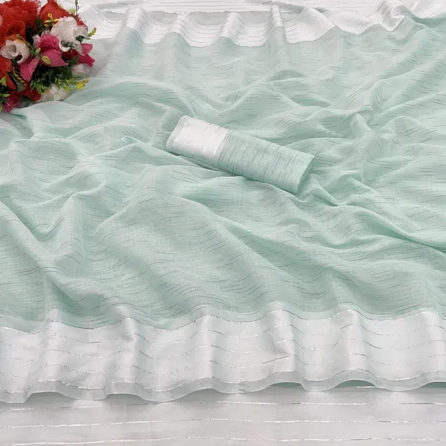 Cotton Blend Striped Saree for Women (Sea Green, 6.3 m)