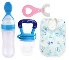 Silicone Food Feeder, Soother with Toothbrush & Bib for Kids (Multicolor, Set of 4)