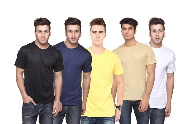 Round Neck Solid Polyester T-shirts for Men, Pack of 5 (Multi, XXL)