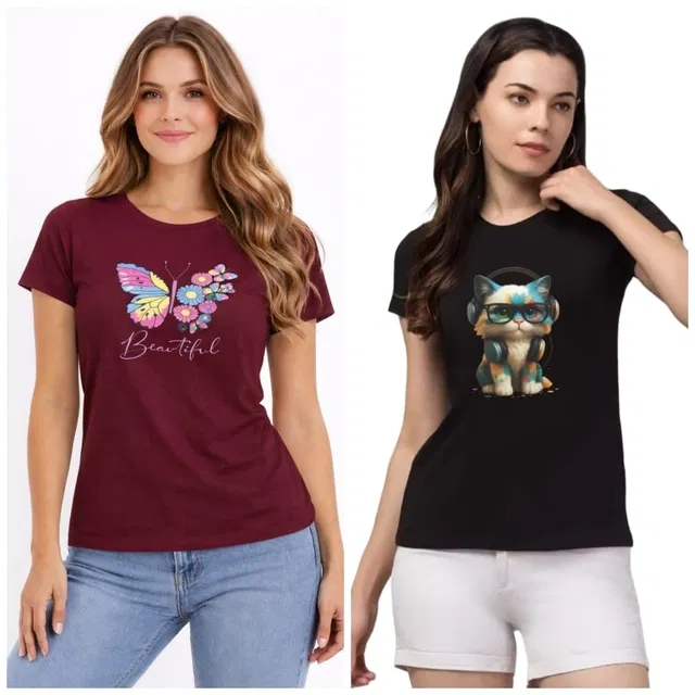 Cotton Blend T-shirt for Women, Maroon & Black, Pack of 2 (S)